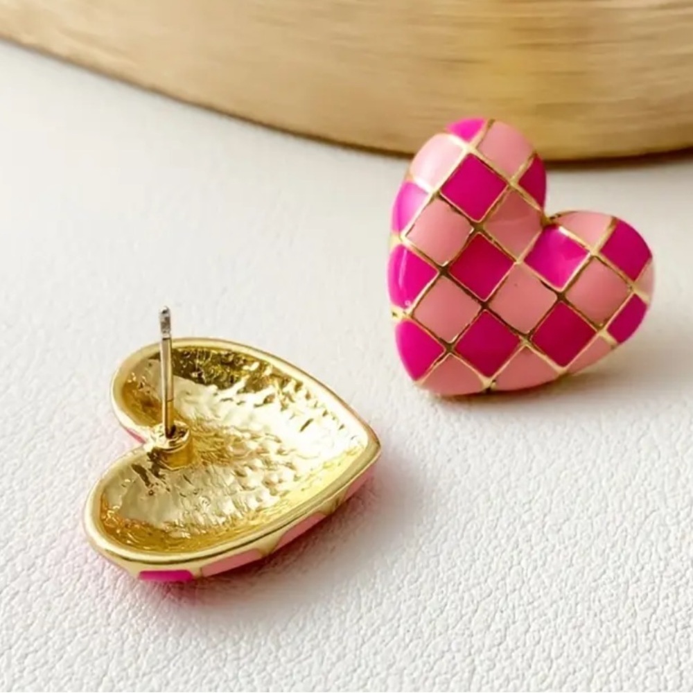 Red & Pink Heart Stud Earrings - Gold tone - NEW - Valentines day drop